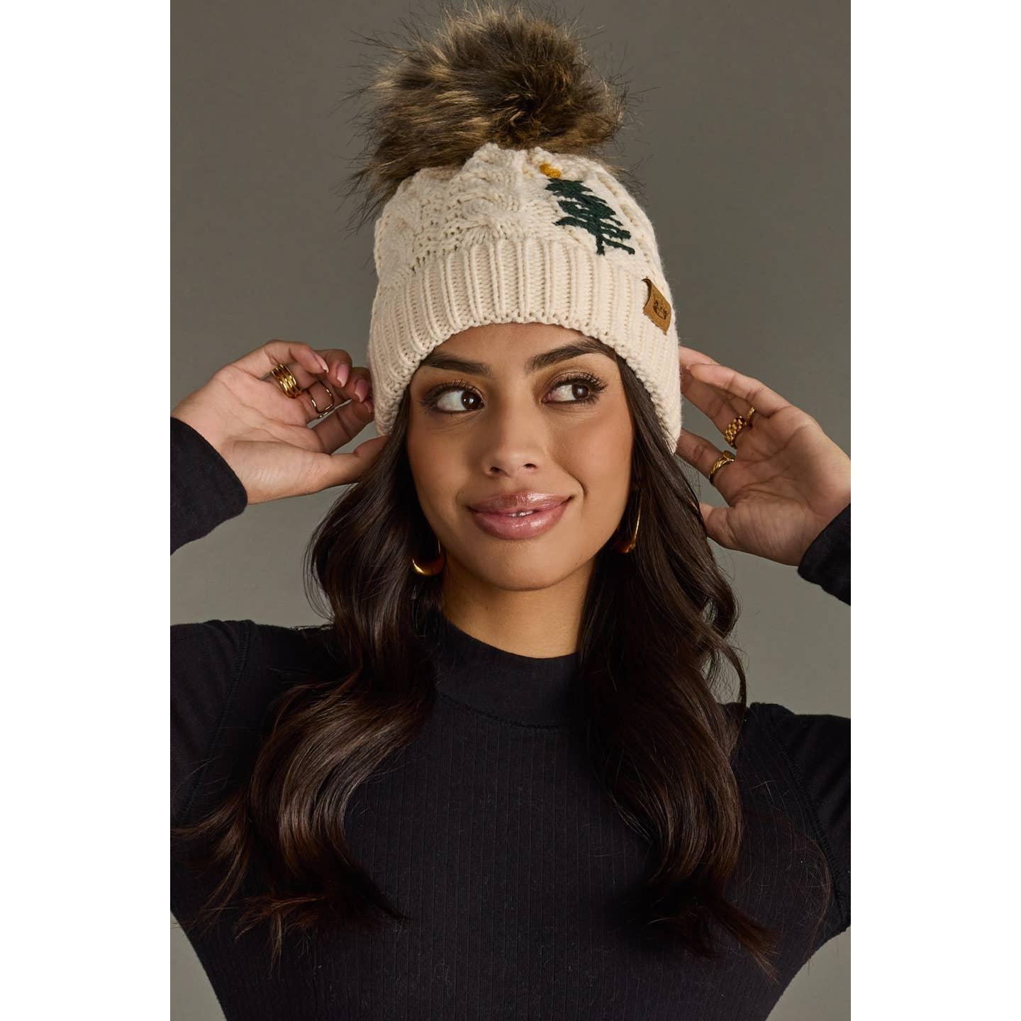 Beige Cable Knit Christmas Tree Pom Hat – Fleece Lined Winter Beanie
