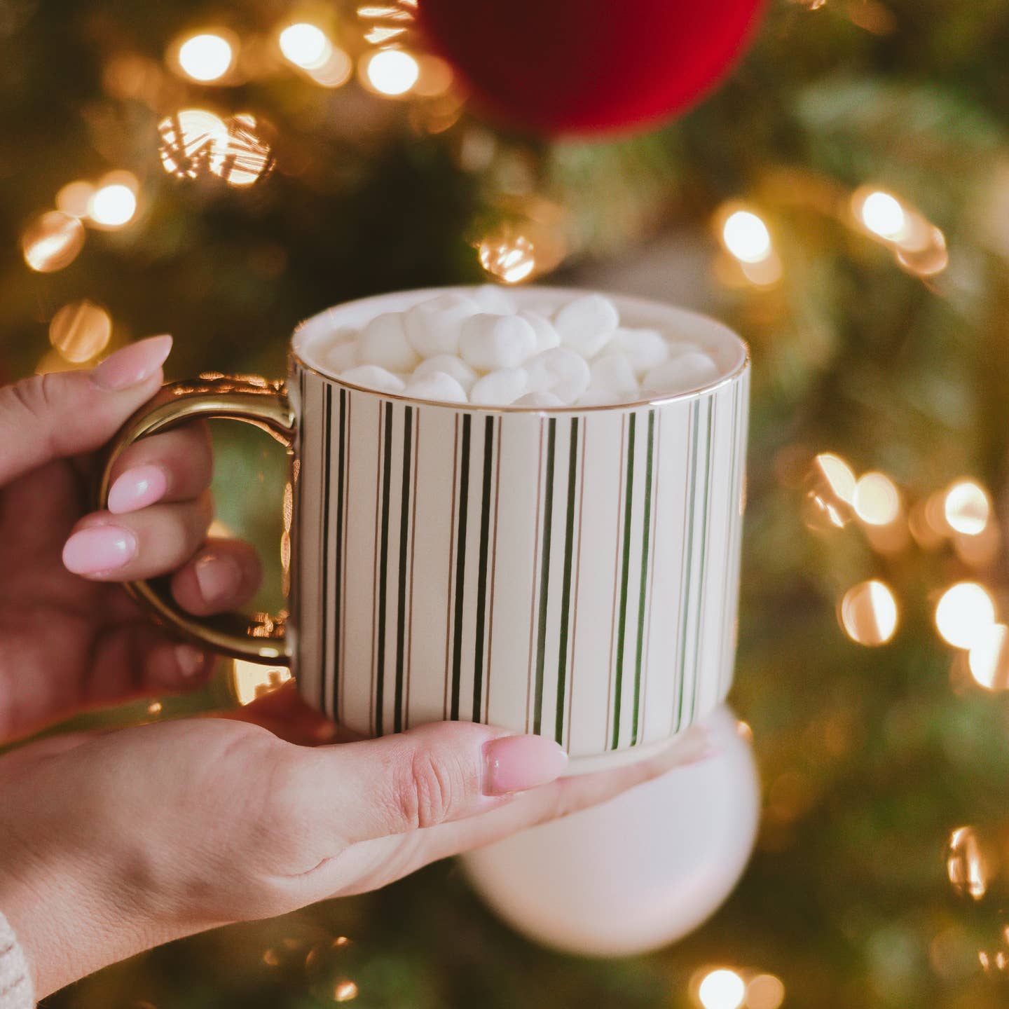 Green Stripe 14oz Mug – Holiday Coffee Mug with Gold Handle | Christmas Gift