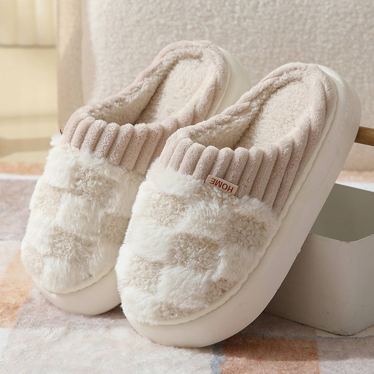 Beige Checkered Fuzzy Slippers – Cozy Indoor Slippers for Women