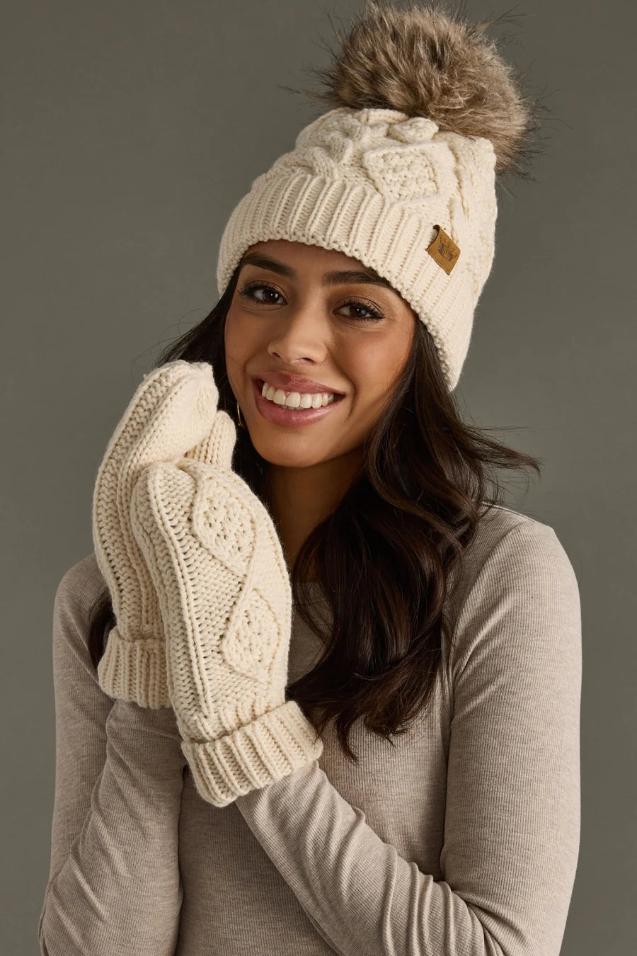 Beige Cable Knit Pom Beanie – Winter Hat with Faux Fur Pom | Holiday Gift
