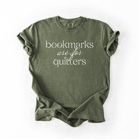 Flat lay of hemp “Bookmarks Are for Quitters” tee – unisex reading t-shirt for bookworms and literary fans