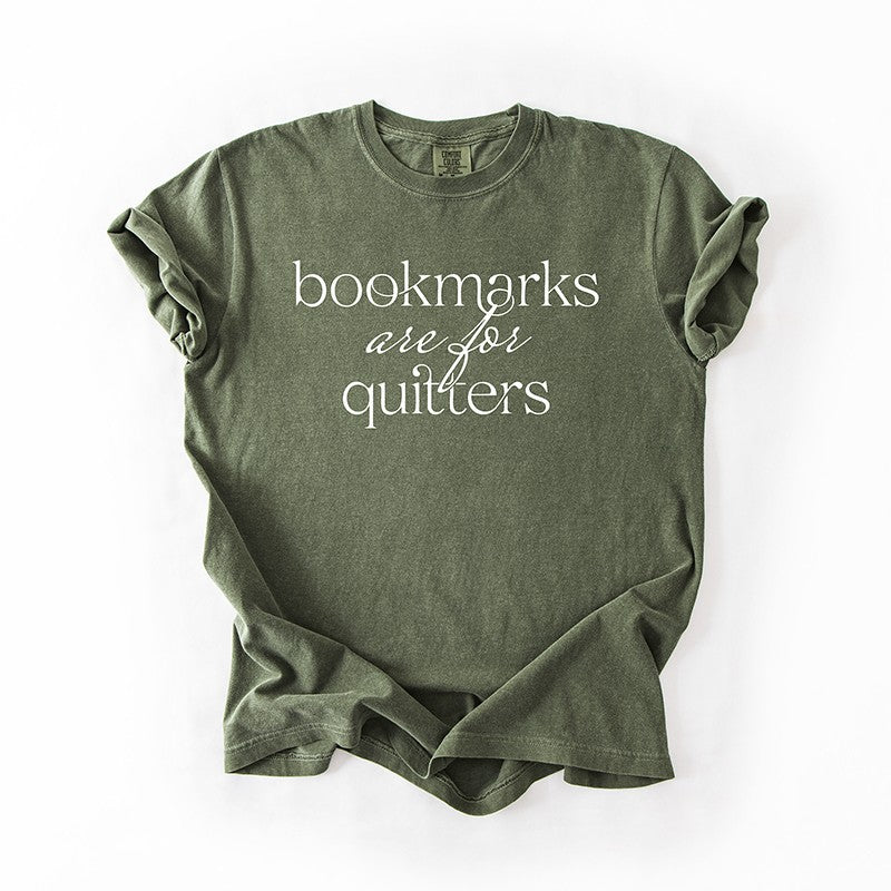 Flat lay of hemp “Bookmarks Are for Quitters” tee – unisex reading t-shirt for bookworms and literary fans