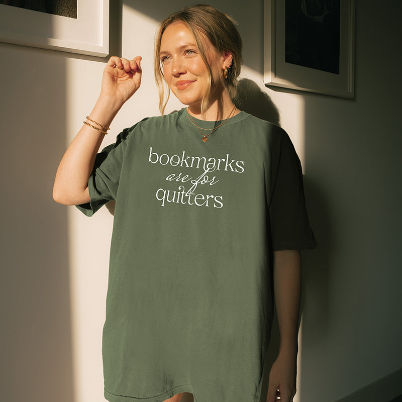 Woman wearing hemp “Bookmarks Are for Quitters” tee with cozy oversized fit – reading t-shirt for book club fans