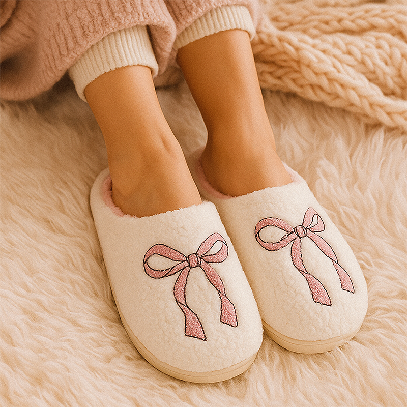 Pink Ribbon Sherpa Slippers – Fuzzy Balletcore House Shoes with Bow Detail