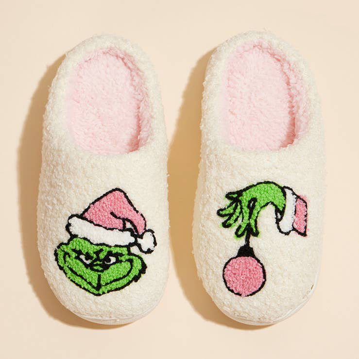 Kids Pink Grinch Sherpa Slippers – Cozy Holiday House Shoes