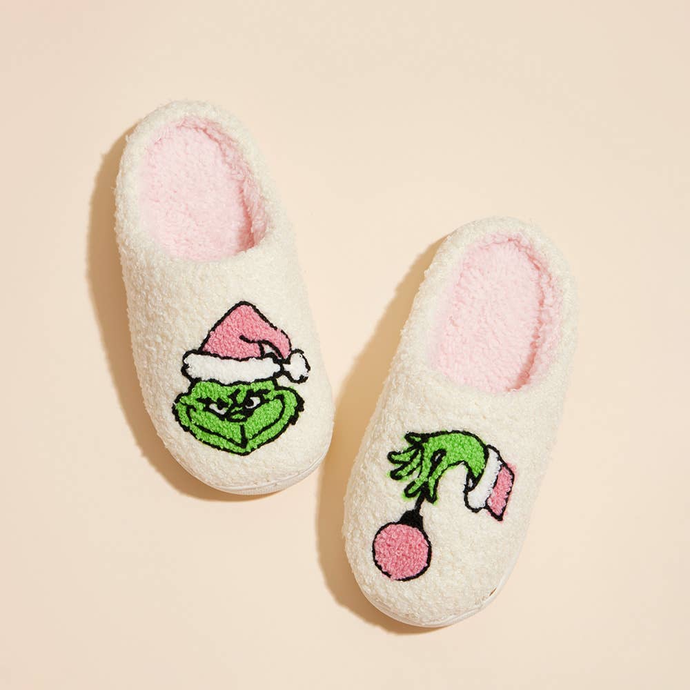 Kids Pink Grinch Sherpa Slippers – Cozy Holiday House Shoes
