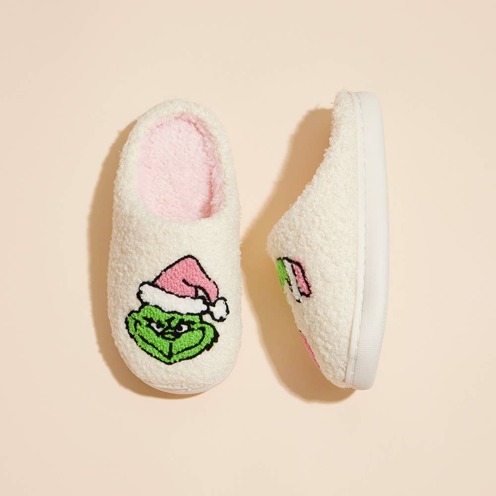 Kids Pink Grinch Sherpa Slippers – Cozy Holiday House Shoes