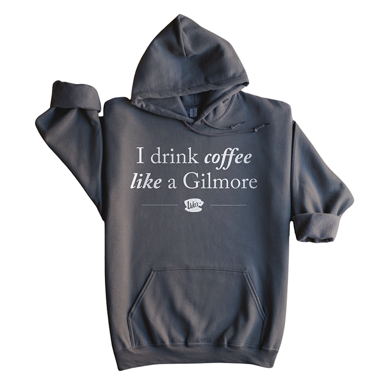 Flat lay of charcoal Gilmore Girls coffee hoodie – classic unisex pullover with pocket and drawcord