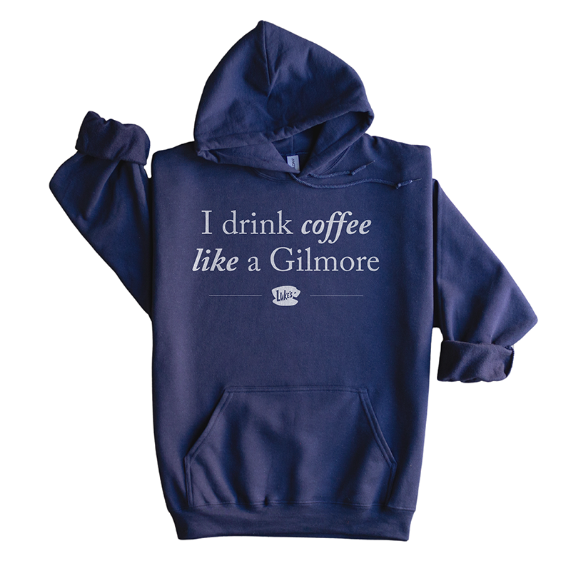 Flat lay of navy Gilmore Girls hoodie – cozy unisex fan pullover for coffee lovers