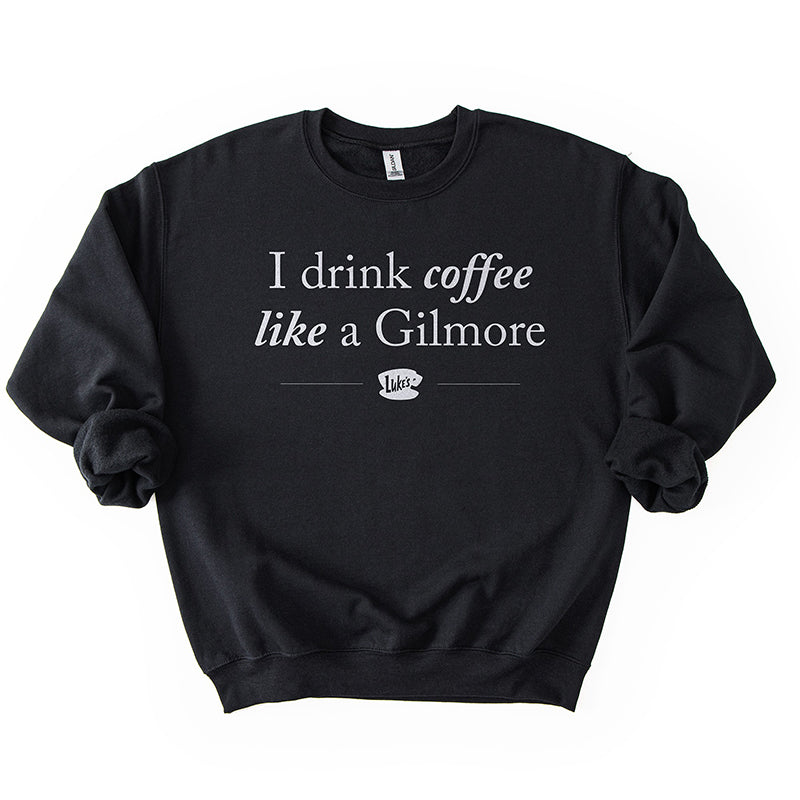 Flat lay of black Gilmore Girls coffee sweatshirt – cozy unisex fan apparel