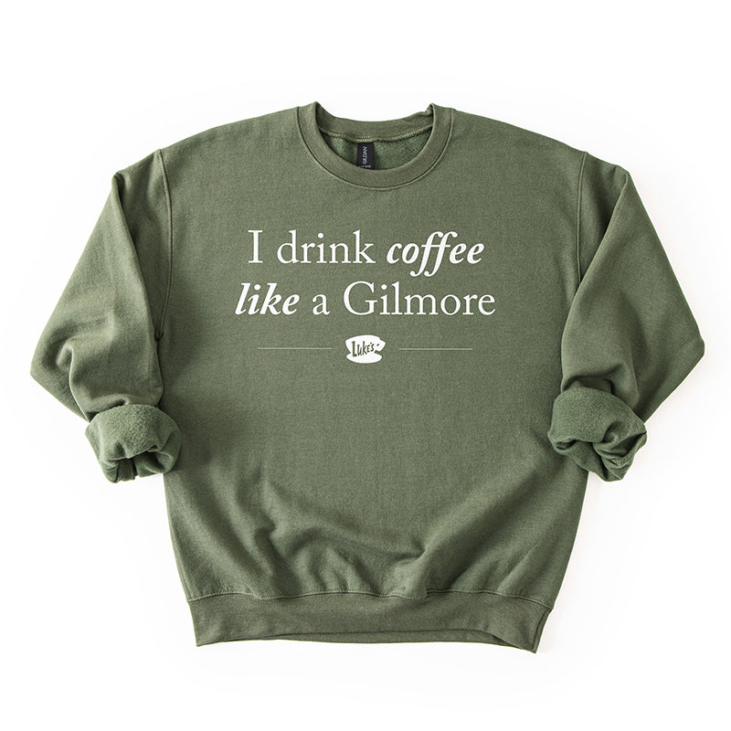 Flat lay of military green Gilmore Girls coffee sweatshirt – unisex pullover for fall and winter