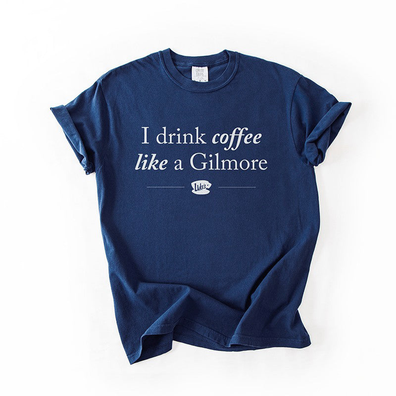 I Drink Coffee Like A Gilmore tee flat lay in true navy, heavyweight unisex coffee lover Gilmore Girls graphic t-shirt