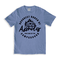Flat lay of blue jean funny camping graphic tee — unisex summer adventure shirt