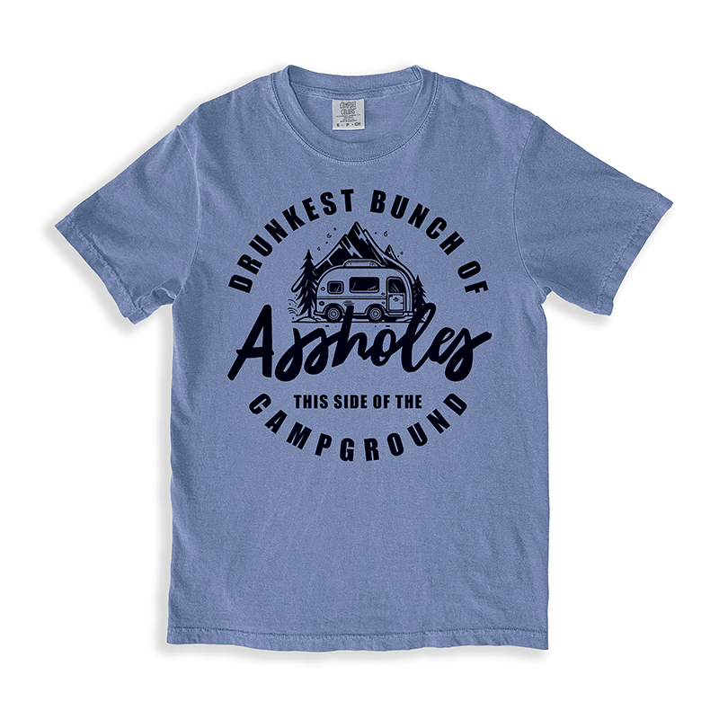 Flat lay of blue jean funny camping graphic tee — unisex summer adventure shirt