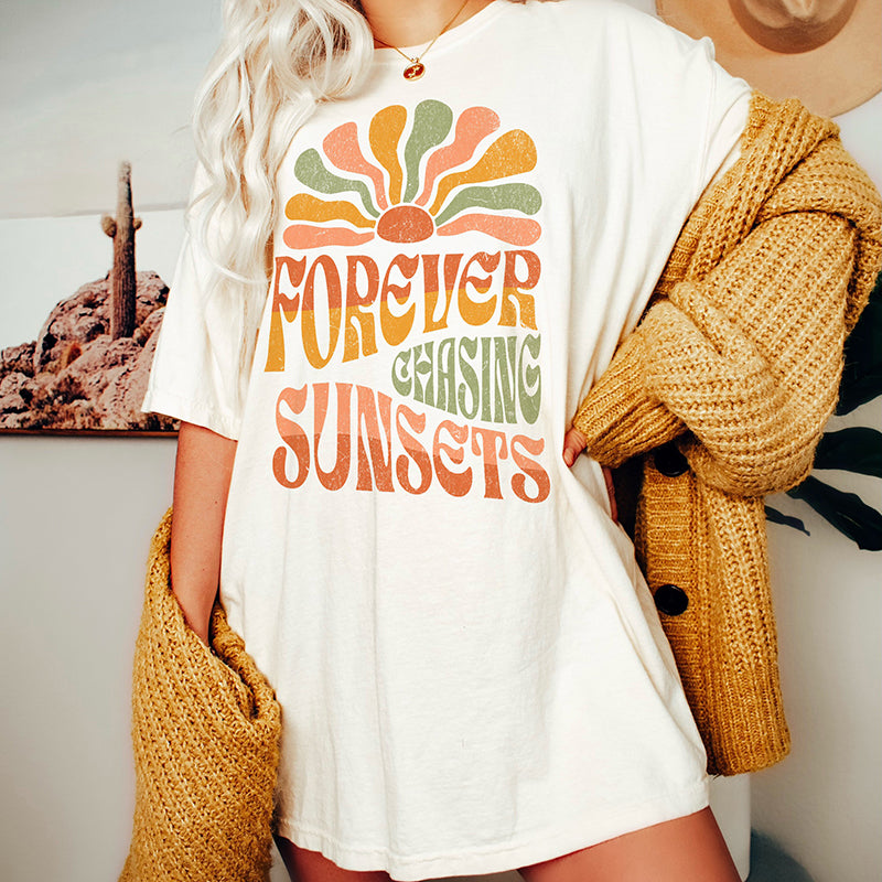 Model in comfort colors sunset tee — relaxed fit free spirit shirt with western vibes