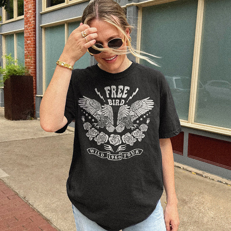 Model wearing Free Bird tee in black — edgy, rock n’ roll-inspired t-shirt