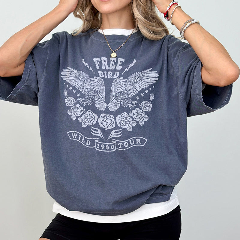 Model wearing Free Bird tee in denim — edgy, rock n’ roll-inspired t-shirt