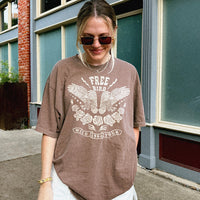 Model wearing Free Bird tee in espresso — vintage-inspired boho graphic t-shirt for women
