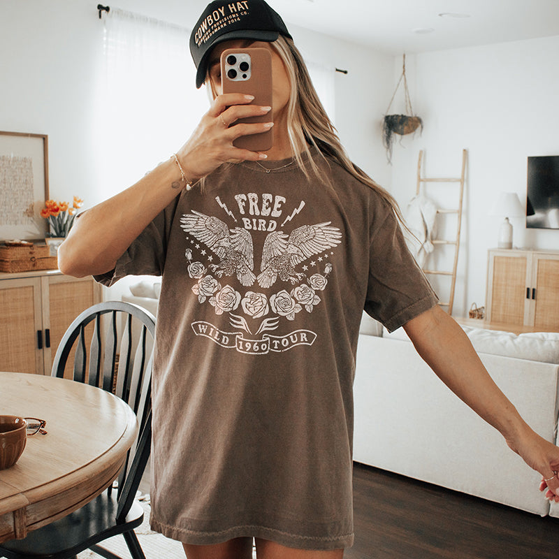 Free Bird shirt in espresso — soft heavyweight cotton graphic tee for women