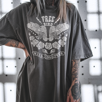Close-up of Free Bird graphic tee — soft cotton retro rock n’ roll shirt