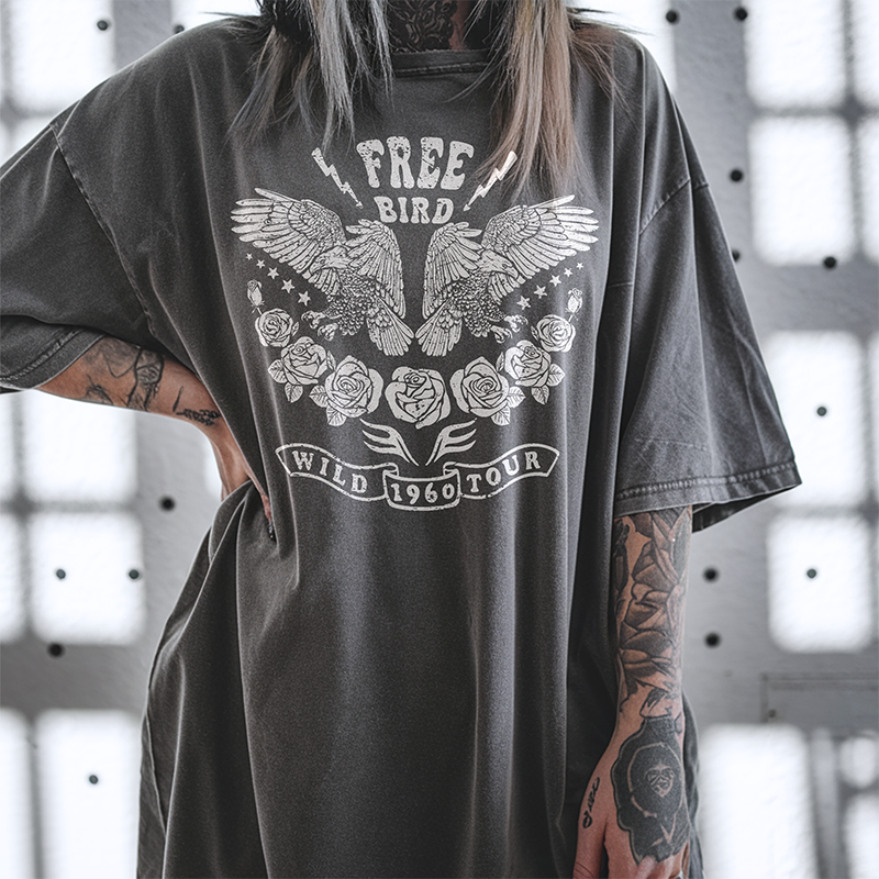 Close-up of Free Bird graphic tee — soft cotton retro rock n’ roll shirt