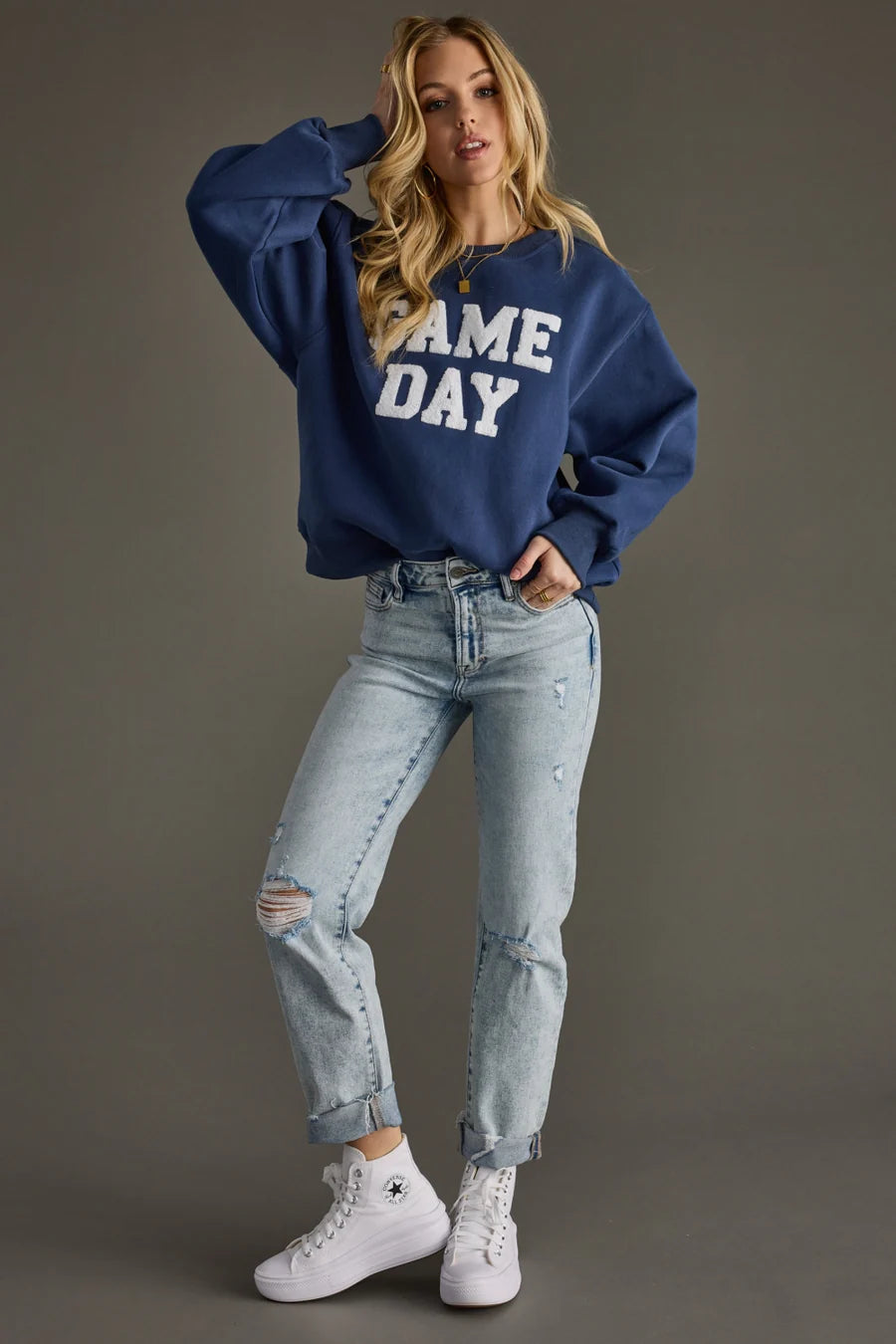 Blue Game Day Sweatshirt – Oversized Cotton Blend Pullover