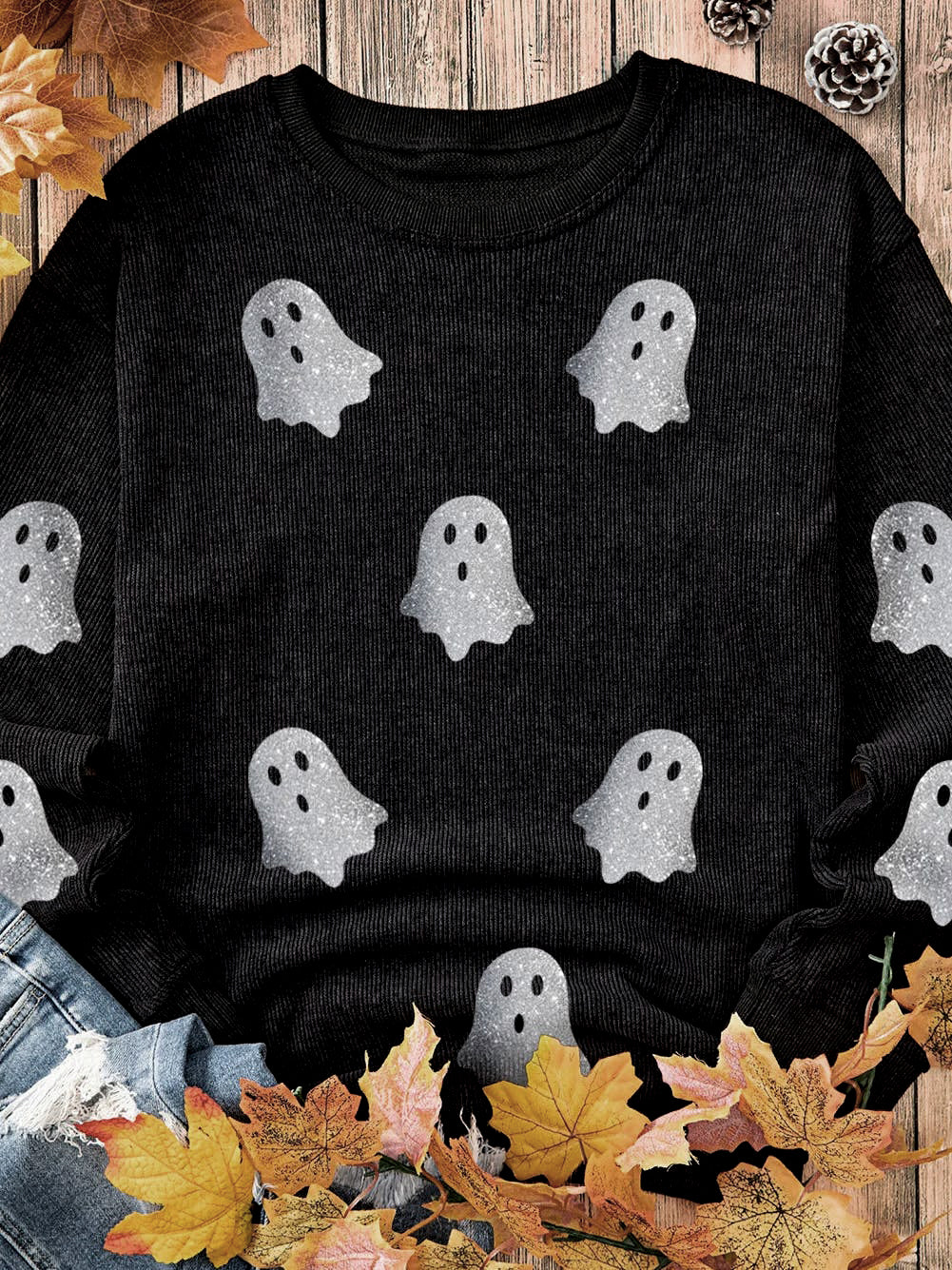 Black Ghost Corded Crew Sweatshirt – Cute Halloween Pullover for Women