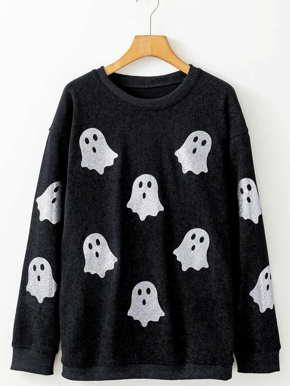 Black Ghost Corded Crew Sweatshirt – Cute Halloween Pullover for Women