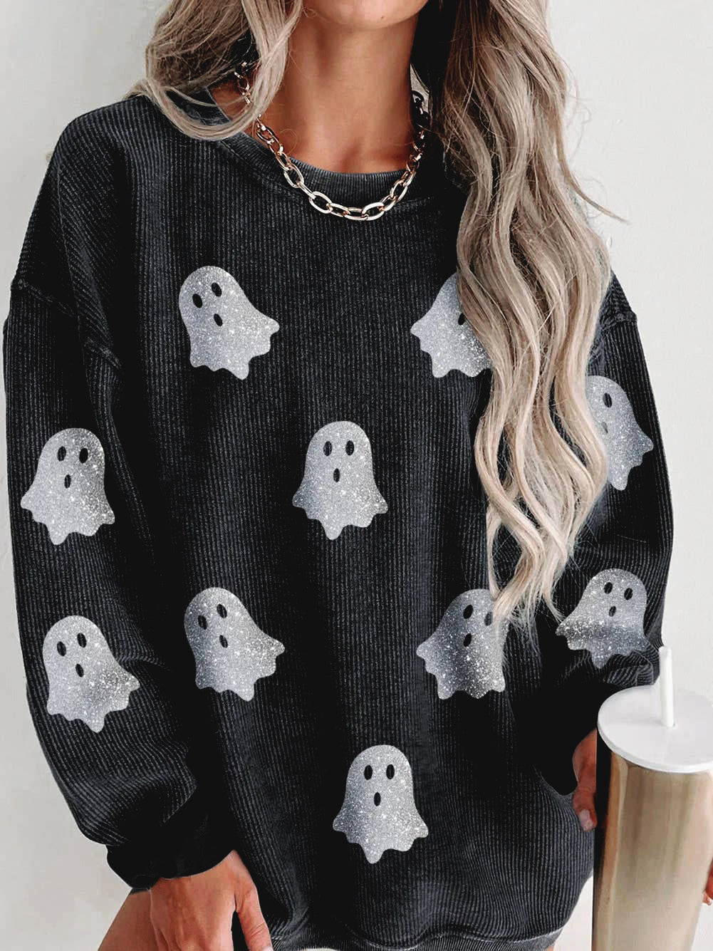 Black Ghost Corded Crew Sweatshirt – Cute Halloween Pullover for Women