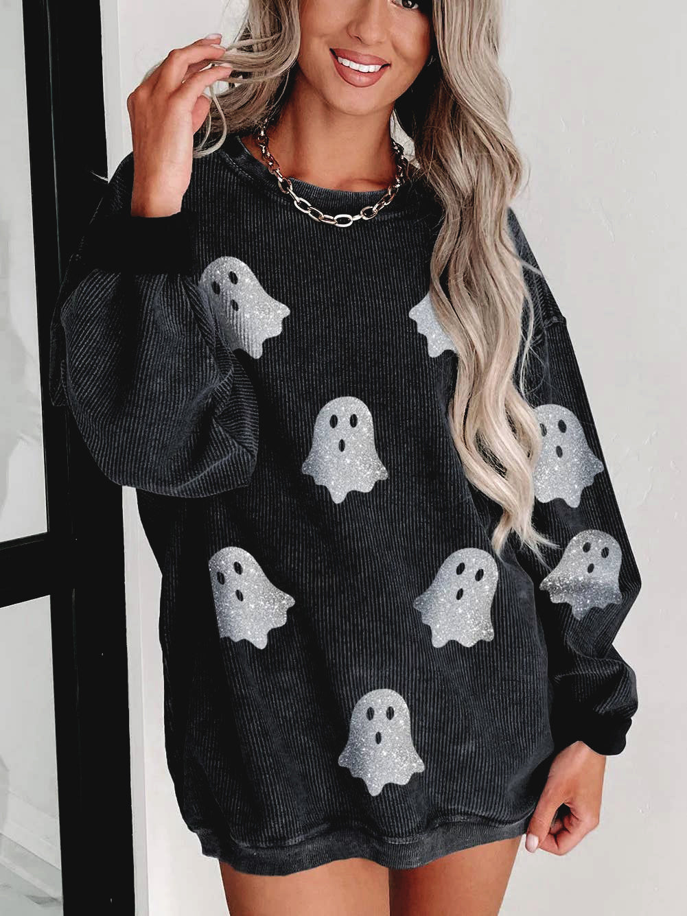 Black Ghost Corded Crew Sweatshirt – Cute Halloween Pullover for Women