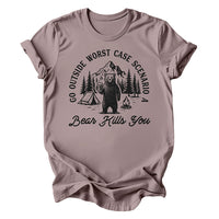 Flat lay of Go Outside Bear Tee in pebble brown — camping and hiking shirt with humorous outdoorsy print