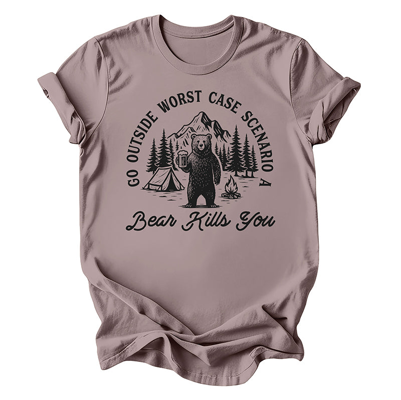 Flat lay of Go Outside Bear Tee in pebble brown — camping and hiking shirt with humorous outdoorsy print