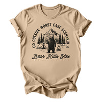 Flat lay of tan Bear Tee — funny mountain-inspired shirt for campers and explorers