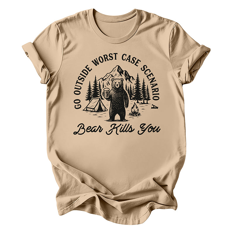 Flat lay of tan Bear Tee — funny mountain-inspired shirt for campers and explorers