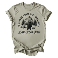 Flat lay of thyme Go Outside Bear Tee — lightweight hiking tee with dark humor graphic