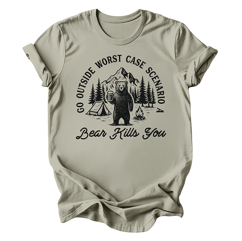 Flat lay of thyme Go Outside Bear Tee — lightweight hiking tee with dark humor graphic