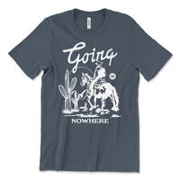 Flat lay of Going Nowhere Cowboy Tee in vintage navy — lightweight western graphic shirt for women