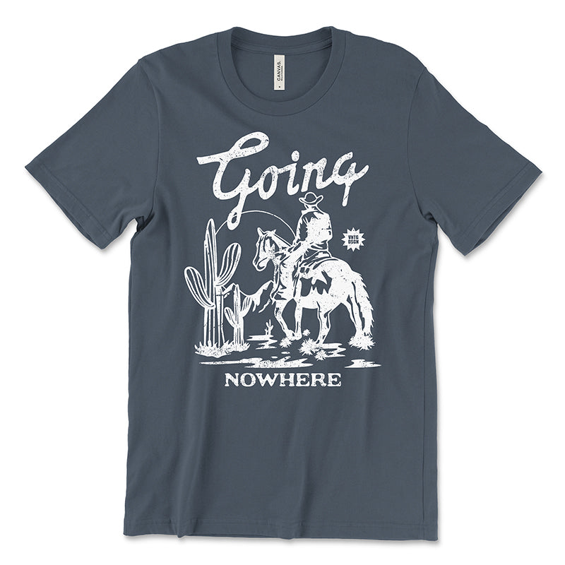 Flat lay of Going Nowhere Cowboy Tee in vintage navy — lightweight western graphic shirt for women