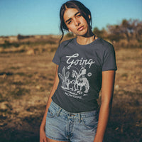 Model wearing tee with denim shorts in the desert — casual cowgirl western look