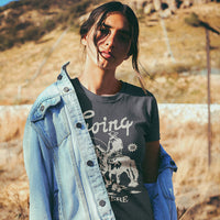 Model in vintage navy cowboy tee — free-spirited women’s western shirt