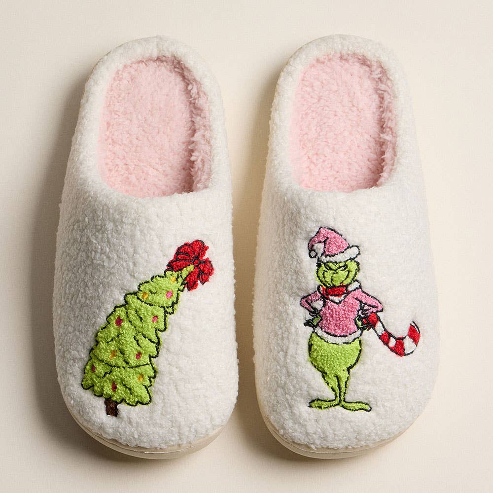 Grinch Christmas Tree Sherpa Slippers – Funny Holiday House Shoes