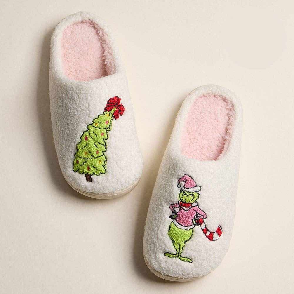 Grinch Christmas Tree Sherpa Slippers – Funny Holiday House Shoes