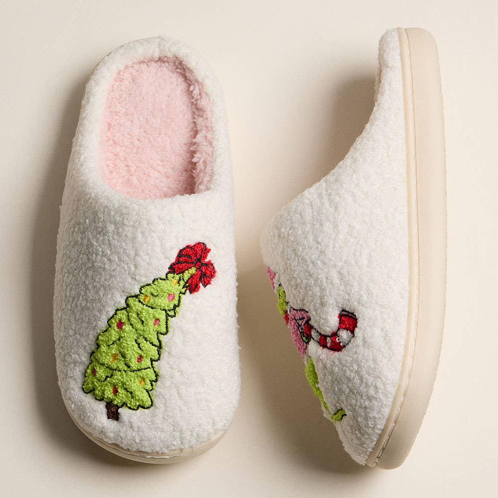 Grinch Christmas Tree Sherpa Slippers – Funny Holiday House Shoes