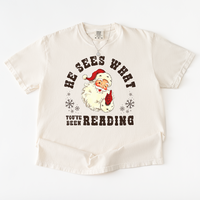 “He Sees What You’ve Been Reading” heavyweight tee – holiday graphic shirt for bookworms