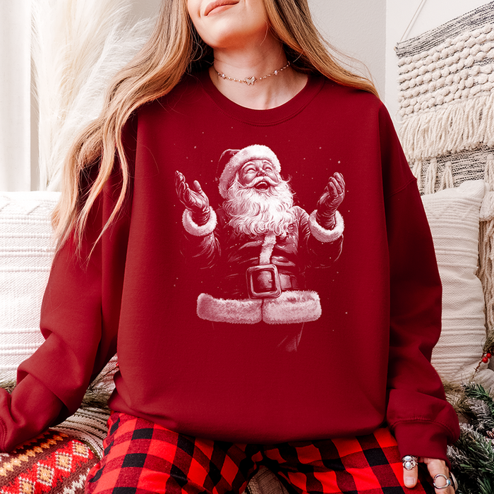 Woman wearing cardinal red “Joyful Santa” sweatshirt styled for Christmas – retro Santa pullover for festive winter outfits