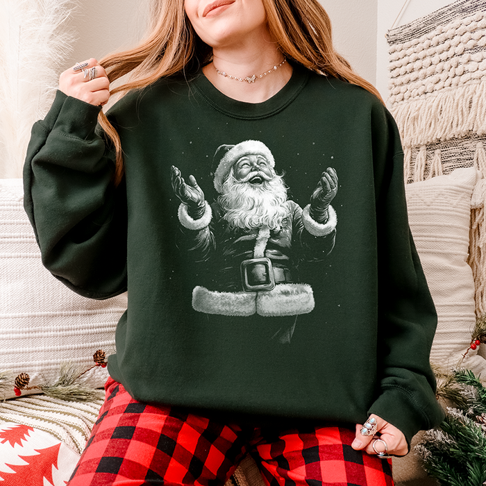 Woman wearing forest green “Joyful Santa” Christmas sweatshirt with plaid pants – cozy vintage holiday crewneck