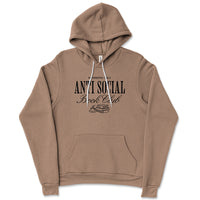 Vintage brown Antisocial Book Club hoodie – cozy fleece book lover hoodie with stack of books graphic and members only text