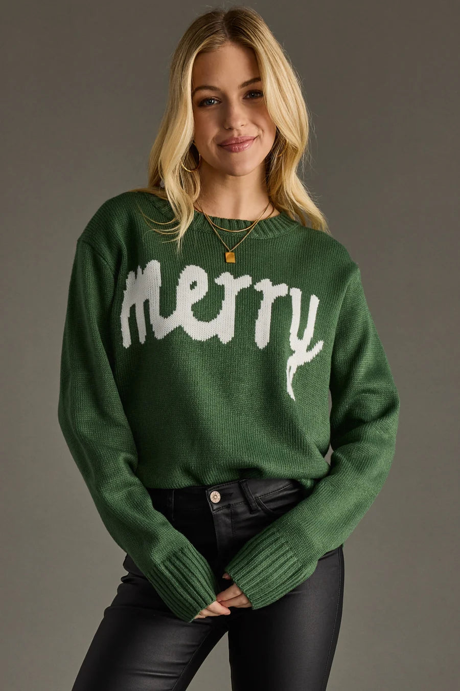 Merry Sweater – Hunter Green Knit Pullover | Christmas Holiday Outfit