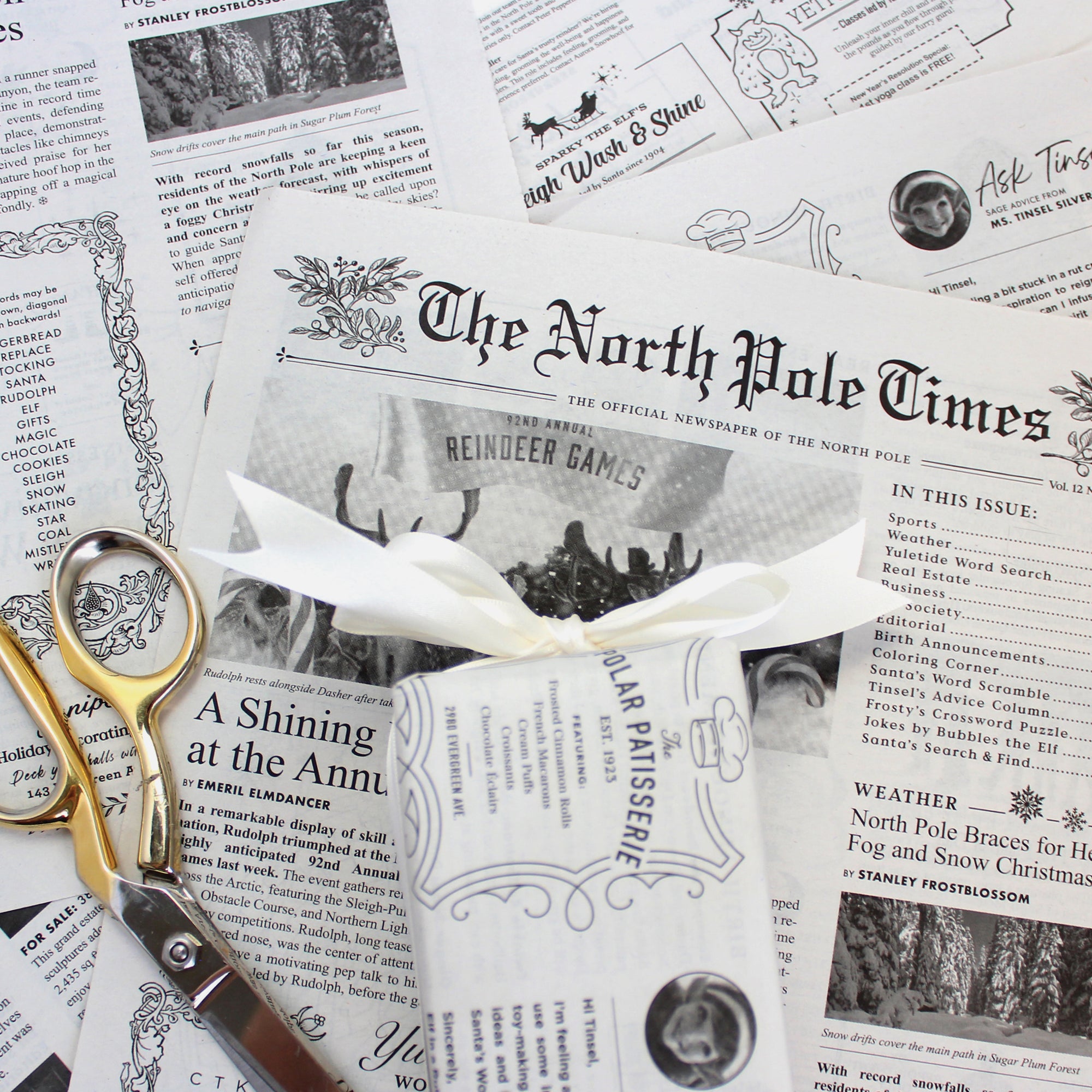North Pole Times Holiday Gift Wrap – Novelty Newspaper Wrapping Paper | Christmas Elf Activity