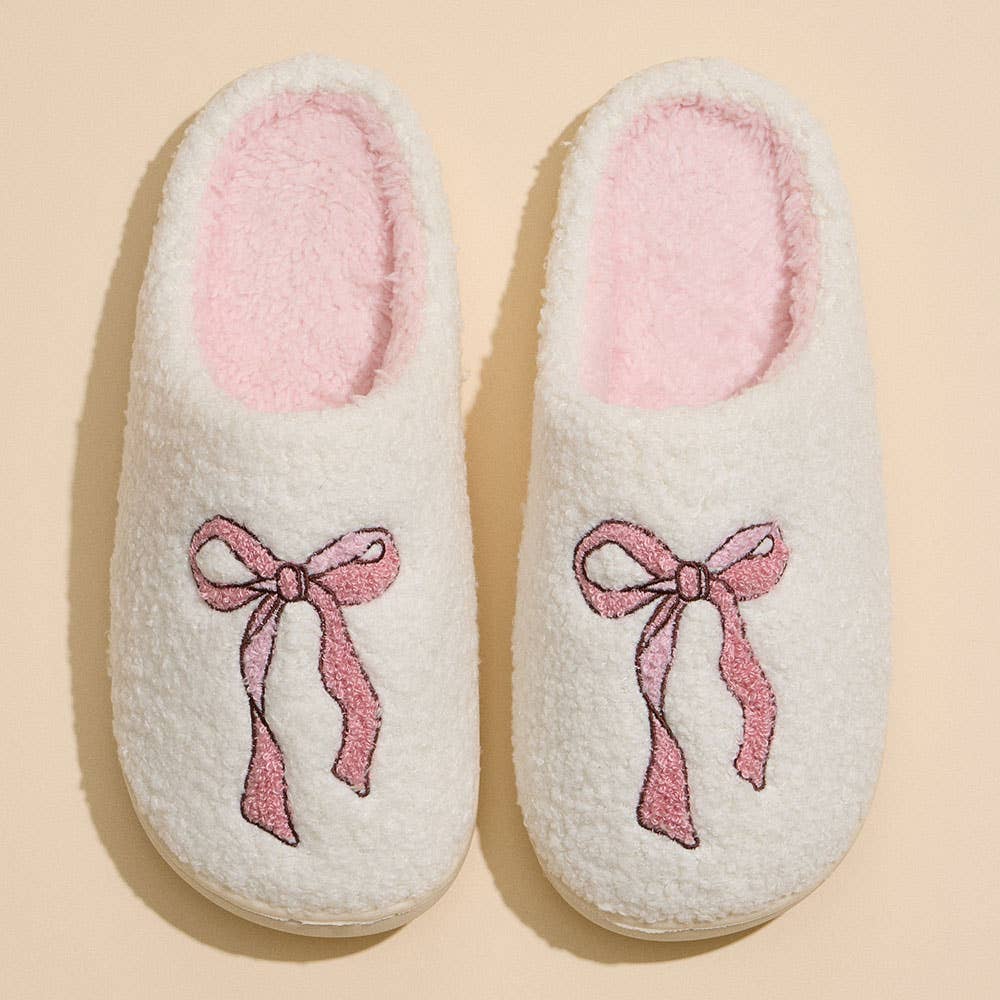 Pink Ribbon Sherpa Slippers – Fuzzy Balletcore House Shoes with Bow Detail